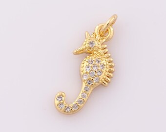 1 pcs Gold CZ Seahorse Pendant,18K Gold Filled Seahorse Charm,Seahorse Charm DIY Bracelet Necklace Jewelry Making Findings Supply