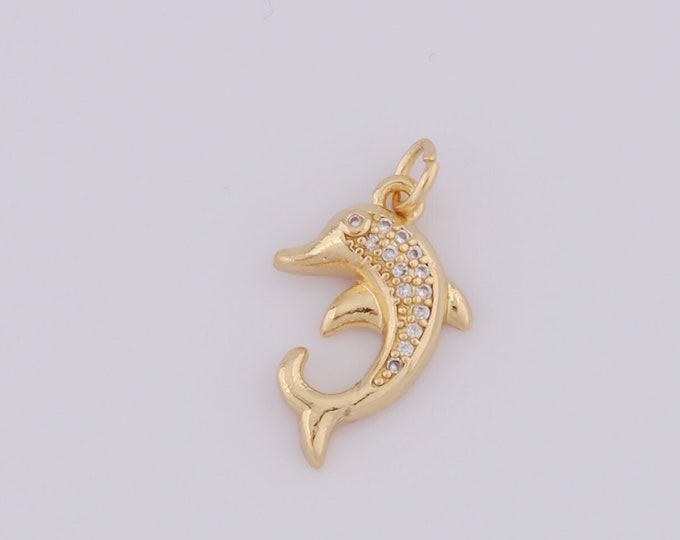 1 pcs Gold CZ Dolphin Pendant,18K Gold Filled Dolphin Charm,Dolphin Charm DIY Bracelet Necklace Jewelry Making Findings Supply