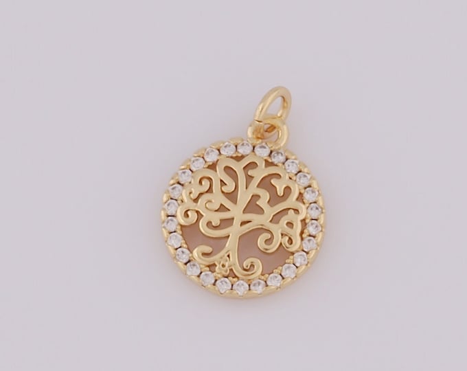 1 pcs Gold Tree of Life Pendant,18K Gold Filled CZ Tree Charm,Round Charm DIY Bracelet Necklace Jewelry Making Findings Supply
