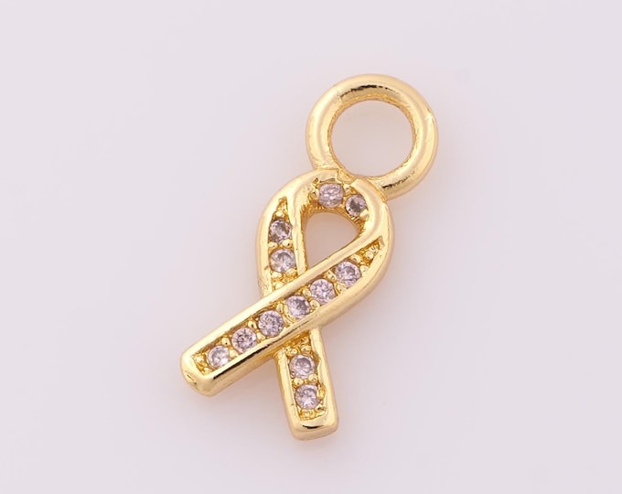 1 pcs Gold CZ Breast Cancer Awareness Silk Ribbon Pendant,18K Gold Filled Symbol Charm DIY Bracelet Necklace Jewelry Making Findings Supply