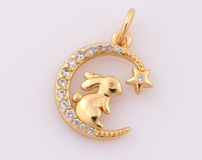 1 pcs Gold CZ Moon Pendant,18K Gold Filled Rabbit Charm,Star Charm DIY Bracelet Necklace Jewelry Making Findings Supply