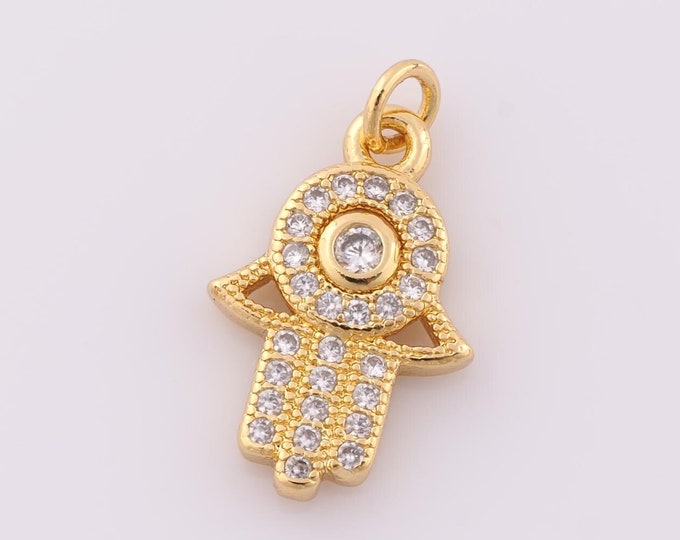 1 pcs Gold CZ Hamsa Pendant,18K Gold Filled Fatima Charm,Hand Charm DIY Bracelet Necklace Jewelry Making Findings Supply