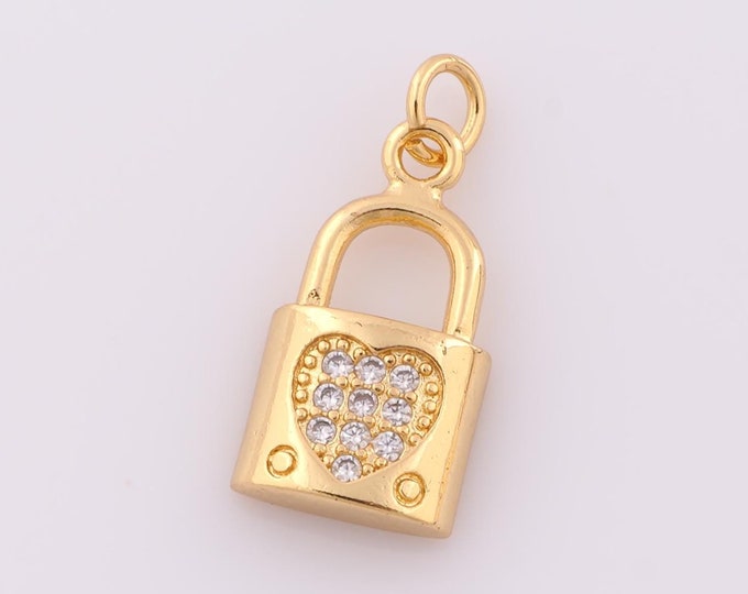 1 pcs Gold CZ Lock Pendant,18K Gold Filled Heart Charm,Lock Charm DIY Bracelet Necklace Jewelry Making Findings Supply