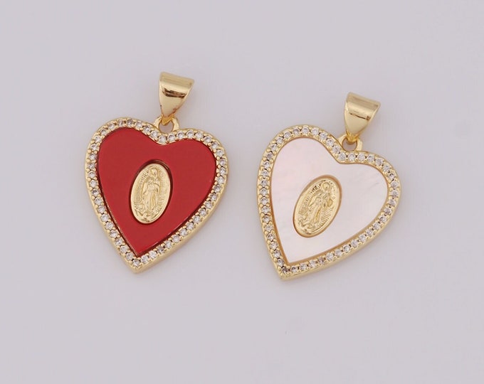 1 pcs Gold CZ Enamel Virgin Mary Pendant,18K Gold Filled Religion Charm,Heart Charm DIY Bracelet Necklace Jewelry Making Findings Supply