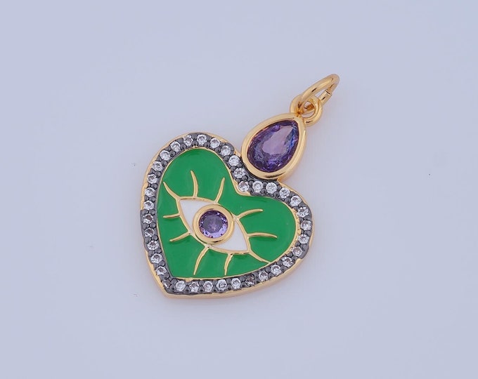 1 pcs Gold CZ Evil Eye Pendant,18K Gold Filled Heart Charm,Devil Eye Charm DIY Bracelet Necklace Jewelry Making Findings Supply