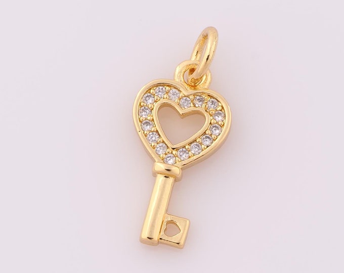1 pcs Gold CZ Key Pendant,18K Gold Filled Heart Charm,Key Charm DIY Bracelet Necklace Jewelry Making Findings Supply