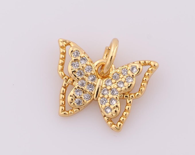 1 pcs Gold CZ Butterfly Pendant,18K Gold Filled Butterfly Charm,Butterfly Charm DIY Bracelet Necklace Jewelry Making Findings Supply