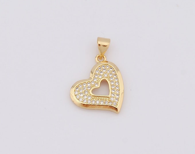 1 pcs Gold Heart Pendant,18K Gold Filled CZ Heart Charm,Heart Charm DIY Bracelet Necklace Jewelry Making Findings Supply