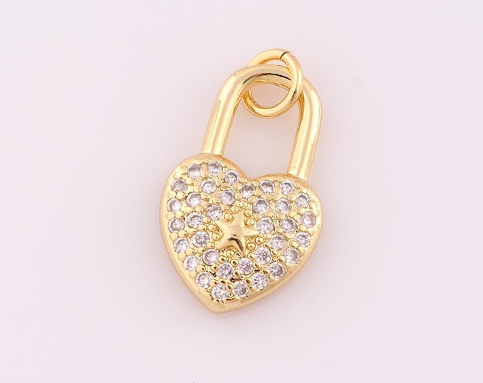 1 pcs Gold CZ Lock Pendant,18K Gold Filled Star Charm,Heart Charm DIY Bracelet Necklace Jewelry Making Findings Supply