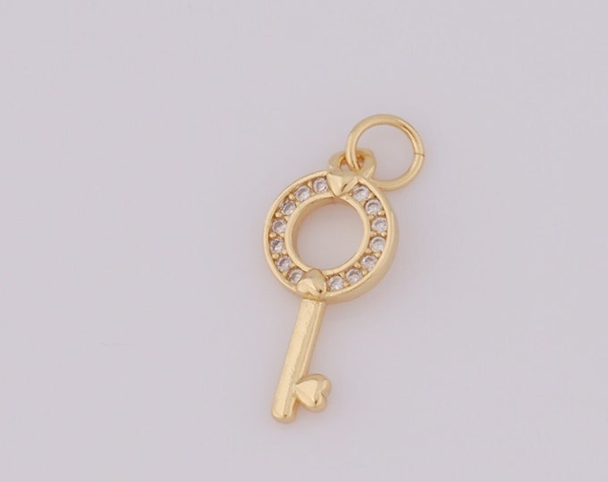 1 pcs Gold Key Pendant,18K Gold Filled CZ Round Charm,Key Charm DIY Bracelet Necklace Jewelry Making Findings Supply