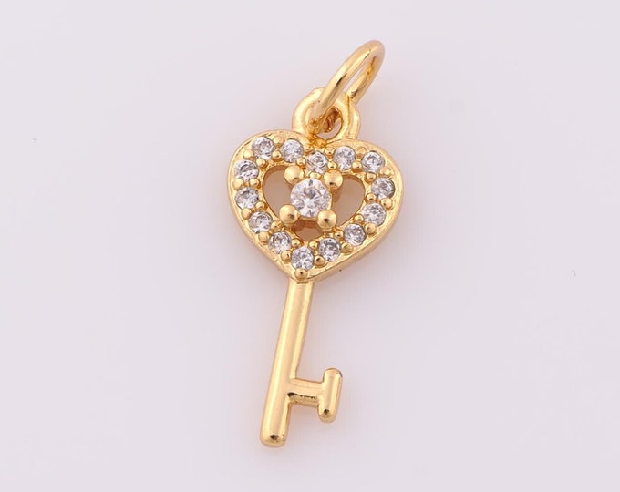1 pcs Gold CZ Key Pendant,18K Gold Filled Heart Charm,Key Charm DIY Bracelet Necklace Jewelry Making Findings Supply