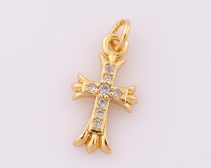 1 pcs Gold CZ Cross Pendant,18K Gold Filled Religious Charm,Christian Charm DIY Bracelet Necklace Jewelry Making Findings Supply