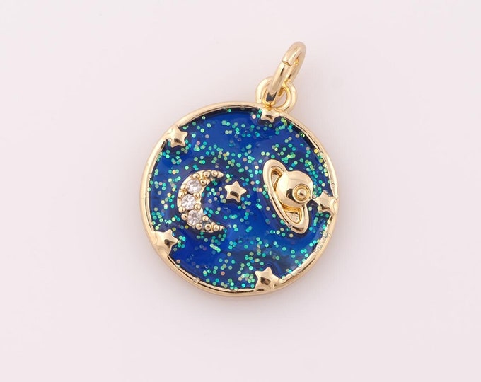 1 pcs Gold CZ Saturn Pendant,18K Gold Filled Moon Charm,Saturn Charm DIY Bracelet Necklace Jewelry Making Findings Supply
