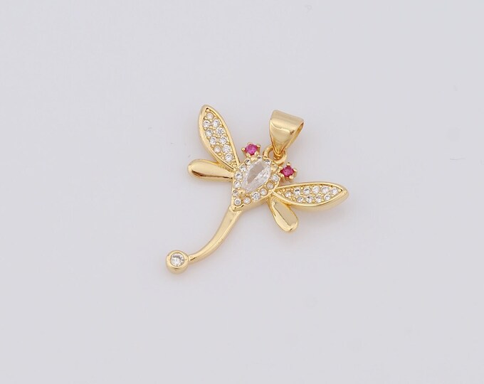 1 pcs Gold Dragonfly Pendant,18K Gold Filled CZ Dragonfly Charm,Dragonfly Charm DIY Bracelet Necklace Jewelry Making Findings Supply
