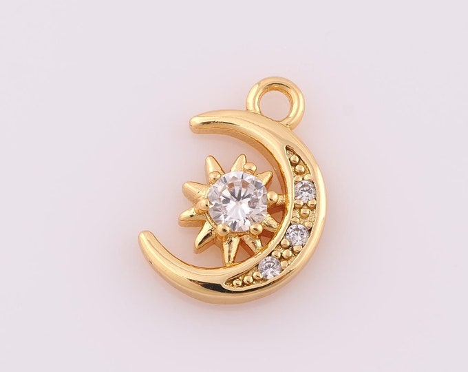 1 pcs Gold CZ Moon Pendant,18K Gold Filled Sun Charm,Moon Charm DIY Bracelet Necklace Jewelry Making Findings Supply