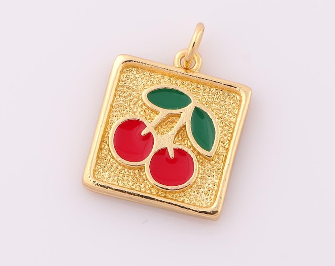 1 pcs Gold Enamel Cherry Pendant,18K Gold Filled Cherry Charm,Cherry Charm DIY Bracelet Necklace Jewelry Making Findings Supply