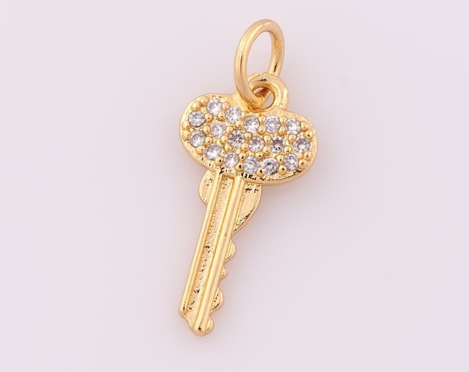 1 pcs Gold CZ Key Pendant,18K Gold Filled Key Charm,Key Charm DIY Bracelet Necklace Jewelry Making Findings Supply