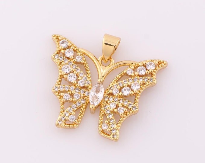 1 pcs Gold CZ Butterfly Pendant,18K Gold Filled Butterfly Charm,Butterfly Charm DIY Bracelet Necklace Jewelry Making Findings Supply