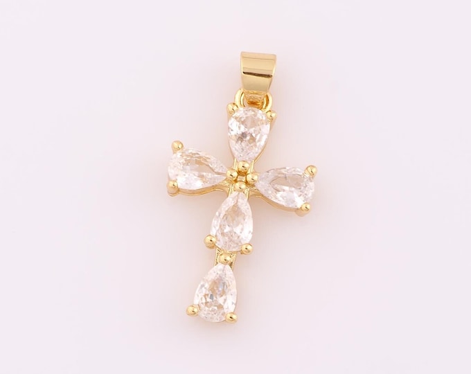 1 pcs Gold CZ Cross Pendant,18K Gold Filled Religion Charm,Christian Charm DIY Bracelet Necklace Jewelry Making Findings Supply