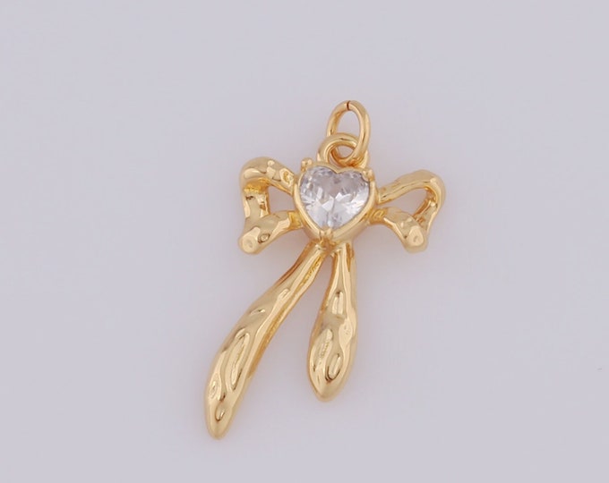 1 pcs Gold Bow Pendant,18K Gold Filled Heart Charm,Bow Charm DIY Bracelet Necklace Jewelry Making Findings Supply