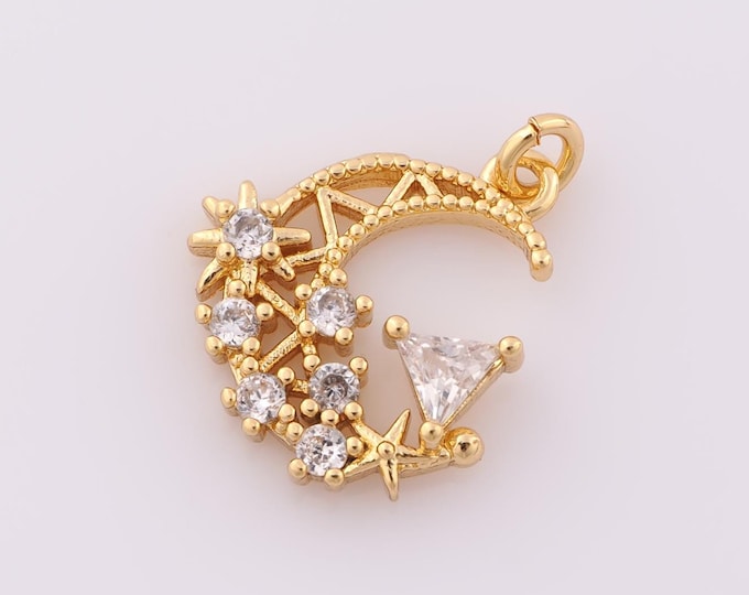 1 pcs Gold CZ Moon Pendant,18K Gold Filled Triangle Charm,Star Charm DIY Bracelet Necklace Jewelry Making Findings Supply