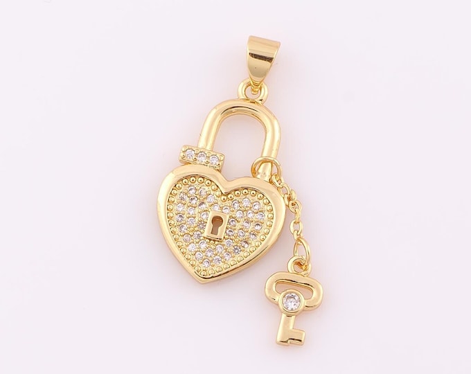 1 pcs Gold CZ Heart Pendant,18K Gold Filled Lock Charm,Key Charm DIY Bracelet Necklace Jewelry Making Findings Supply