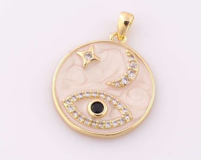 1 pcs Gold CZ Evil Eye Pendant,18K Gold Filled Moon Charm,Star Charm DIY Bracelet Necklace Jewelry Making Findings Supply