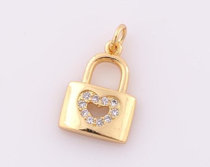 1 pcs Gold CZ Lock Pendant,18K Gold Filled Heart Charm,Lock Charm DIY Bracelet Necklace Jewelry Making Findings Supply