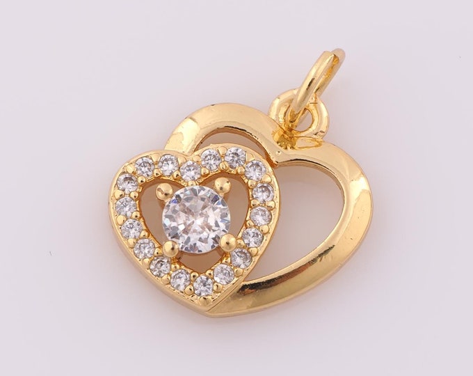 1 pcs Gold CZ Heart Pendant,18K Gold Filled Heart Charm,Heart Charm DIY Bracelet Necklace Jewelry Making Findings Supply