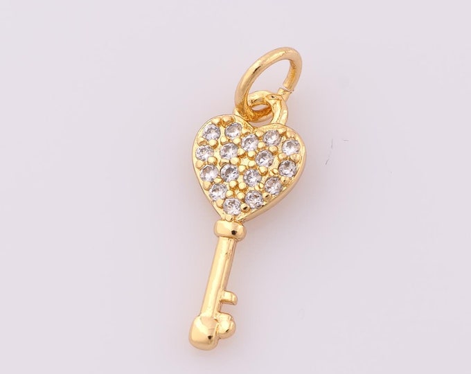 1 pcs Gold CZ Heart Pendant,18K Gold Filled Key Charm,Heart Charm DIY Bracelet Necklace Jewelry Making Findings Supply