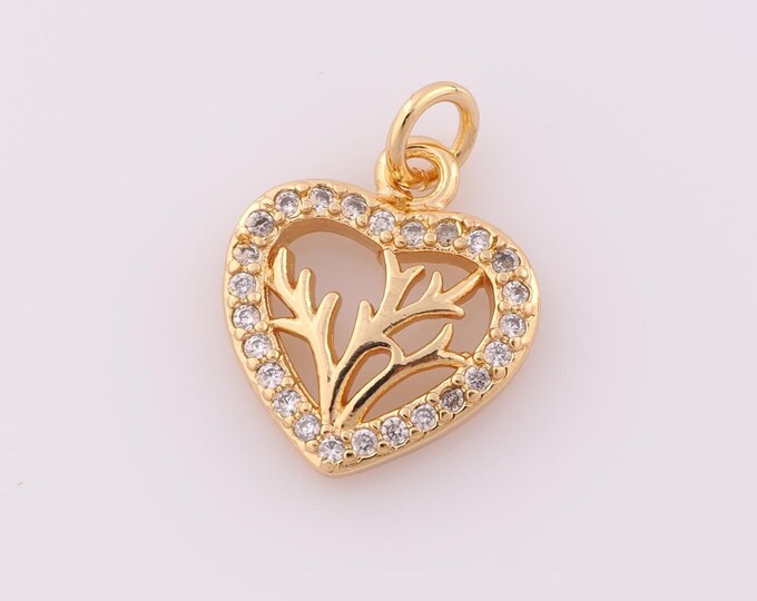 1 pcs Gold CZ Tree of Life Pendant,18K Gold Filled Heart Charm,Tree Charm DIY Bracelet Necklace Jewelry Making Findings Supply