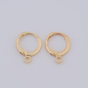 May include: A pair of gold-toned hoop earrings with a hinged closure and a small loop at the bottom.