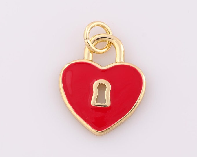 1 pcs Gold Enamel Lock Pendant,18K Gold Filled Heart Charm,Lock Charm DIY Bracelet Necklace Jewelry Making Findings Supply