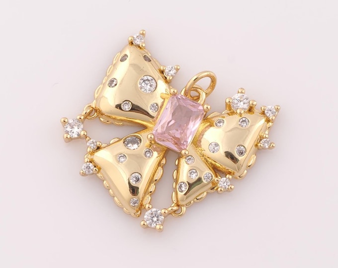 1 pcs Gold CZ Bow Pendant,18K Gold Filled Bow Charm,Bow Charm DIY Bracelet Necklace Jewelry Making Findings Supply