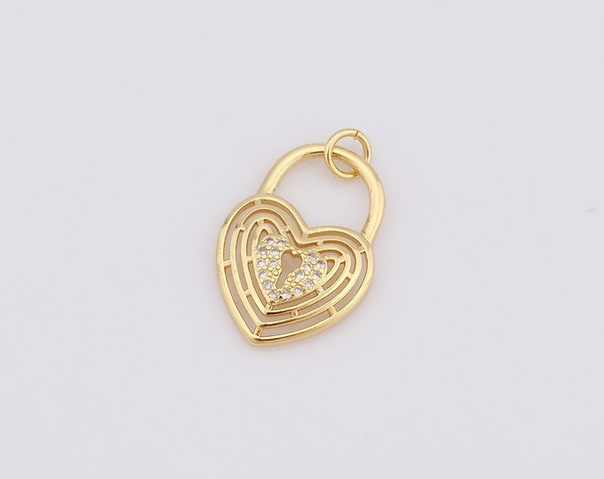 1 pcs Gold Heart Pendant,18K Gold Filled CZ Lock Charm,Heart Charm DIY Bracelet Necklace Jewelry Making Findings Supply