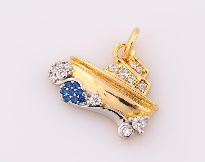 1 pcs Gold CZ Ship Pendant,18K Gold Filled Ship Charm,Ship Charm DIY Bracelet Necklace Jewelry Making Findings Supply