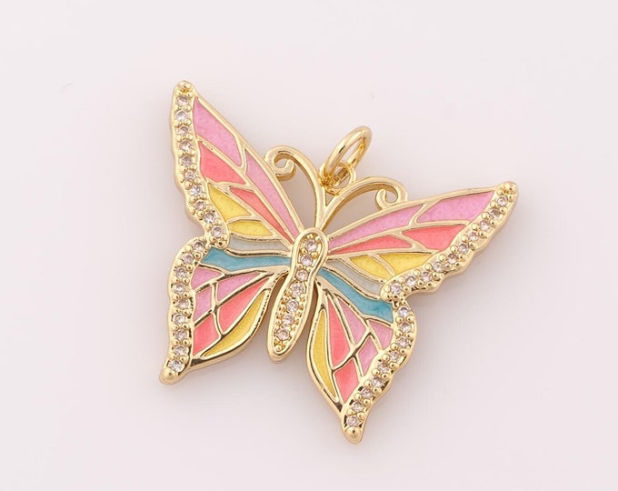 1 pcs Gold CZ Butterfly Pendant,18K Gold Filled Butterfly Charm,Butterfly Charm DIY Bracelet Necklace Jewelry Making Findings Supply