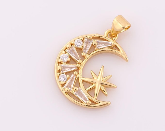 1 pcs Gold CZ Moon Pendant,18K Gold Filled Star Charm,Moon Charm DIY Bracelet Necklace Jewelry Making Findings Supply