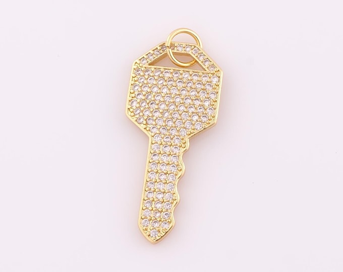 1 pcs Gold CZ Key Pendant,18K Gold Filled Key Charm,Key Charm DIY Bracelet Necklace Jewelry Making Findings Supply