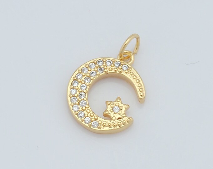 1 pcs Gold Moon Pendant,18K Gold Filled CZ Star Charms,Moon Charms DIY Bracelet Necklace Jewelry Making Findings Supply