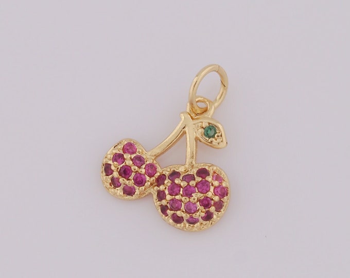 1 pcs Gold Cherry Pendant,18K Gold Filled CZ Cherry Charm,Cherry Charm DIY Bracelet Necklace Jewelry Making Findings Supply