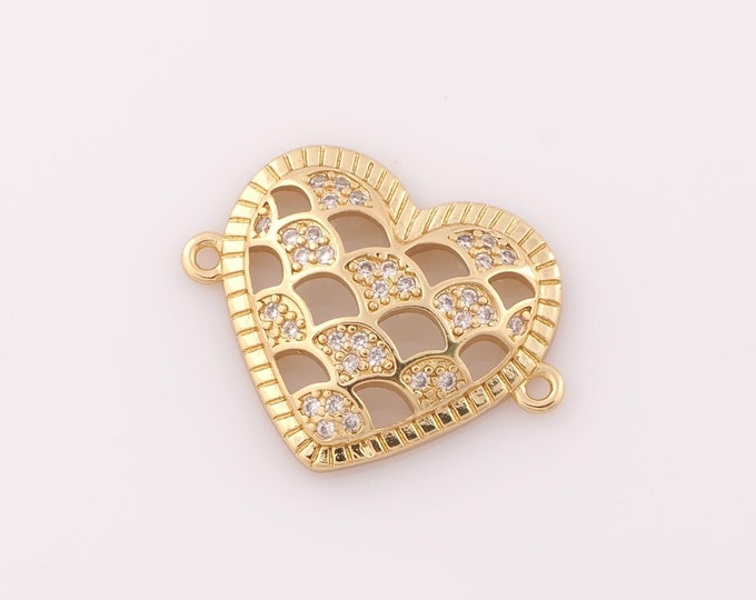 1 pcs Gold CZ Heart Connector,18K Gold Filled Heart Connector,Heart Connector DIY Bracelet Necklace Jewelry Making Findings Supply