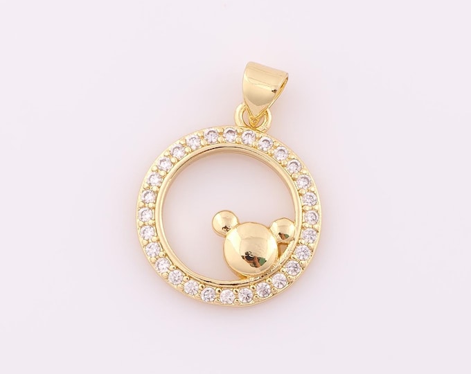 1 pcs Gold CZ Round Pendant,18K Gold Filled Mouse Charm,Round Charm DIY Bracelet Necklace Jewelry Making Findings Supply