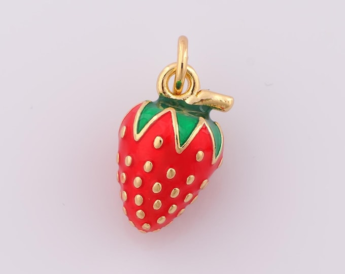 1 pcs Gold Enamel Strawberry Pendant,18K Gold Filled Strawberry Charm,Strawberry Charm DIY Bracelet Necklace Jewelry Making Findings Supply