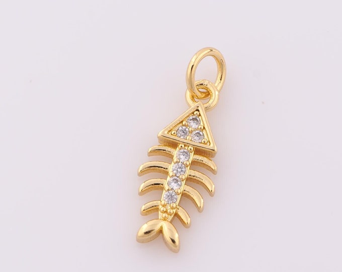1 pcs Gold CZ Fishbone Pendant,18K Gold Filled Fishbone Charm,Fishbone Charm DIY Bracelet Necklace Jewelry Making Findings Supply