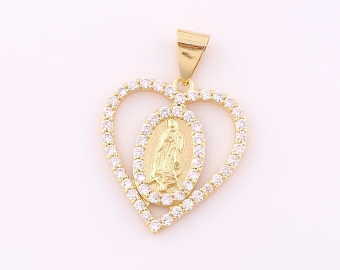 1 pcs Gold CZ Virgin Mary Pendant,18K Gold Filled Religion Charm,Heart Charm DIY Bracelet Necklace Jewelry Making Findings Supply