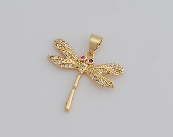 1 pcs Gold CZ Dragonfly Pendant,18K Gold Filled Dragonfly Charm,Dragonfly Charm DIY Bracelet Necklace Jewelry Making Findings Supply