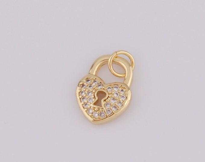 1 pcs Gold Heart Pendant,18K Gold Filled CZ Lock Charm,Heart Charm DIY Bracelet Necklace Jewelry Making Findings Supply