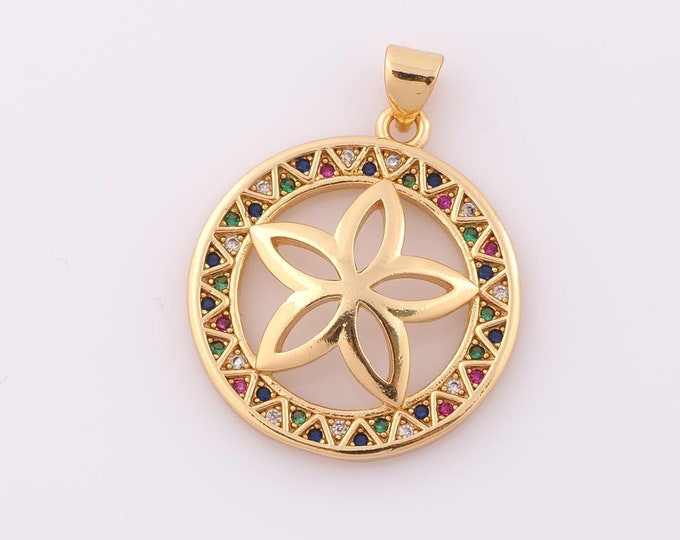 1 pcs Gold CZ Flower Pendant,18K Gold Filled Round Charm,Flower Charm DIY Bracelet Necklace Jewelry Making Findings Supply