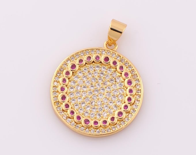 1 pcs Gold CZ Round Pendant,18K Gold Filled Round Charm,Round Charm DIY Bracelet Necklace Jewelry Making Findings Supply
